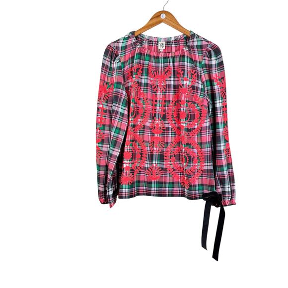 Ivy Jane Pink Green Plaid Floral Embroidered Stretchy Flowy Cotton Top - Picture 7 of 12